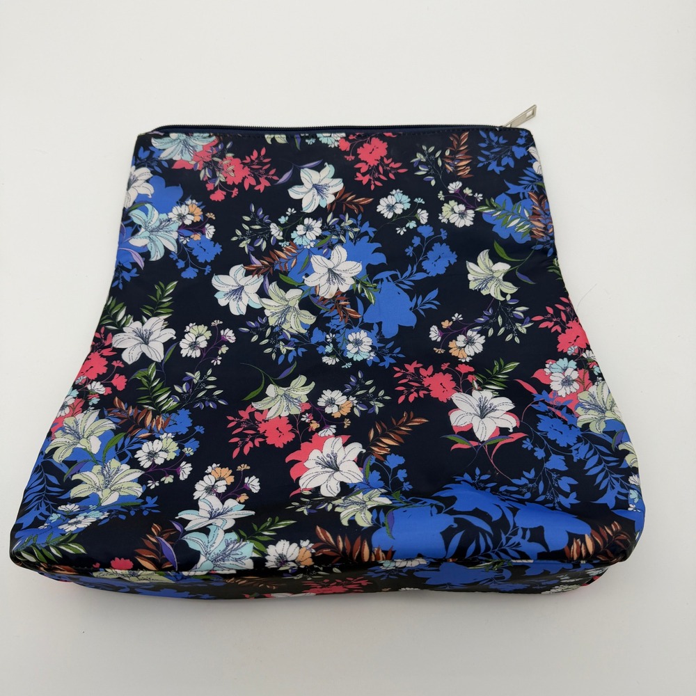 Nicole Miller New York Floral Cosmetic Bag Navy Blue Nylon Travel Makeup Pouch